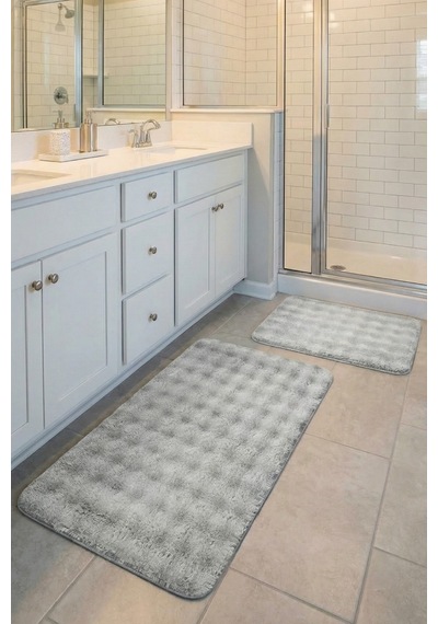 2 Li Peluş Bubble Banyo Paspas Seti 60x100+50x60 Cm Kaymaz Lateks Taban, Yumuşak Yüzey, Yıkanabilir Gri
