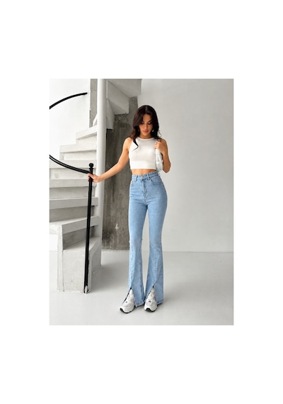 Kene Jeans Buz Kar Ön Bacak Pens Yırtmaçlı Esnek İspanyol Paça Pantolon Buz Kar