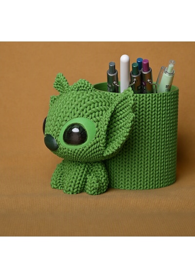 3d Baskı Knitted Kalemlik - Sevimli Karakterli Masaüstü Kalem Organizeri-yeşil Çok Renkli