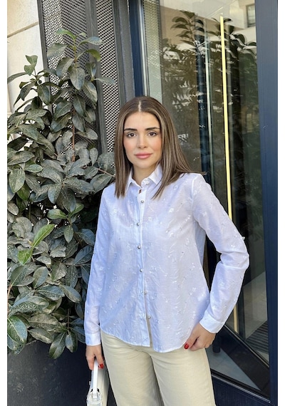 WeShaya Kadın Beyaz Uzun Kol, Silver Düğme Detaylı, Nakış İşlemeli, Klasik Gömlek Beyaz