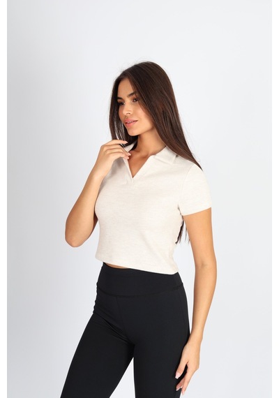 Soft&Basic Polo Yaka Jakar Crop Fit T-shirt Bej