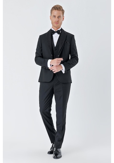 İmza Siyah Çizgili Çıkarılabilir Şal Yaka Yelekli 6 Drop Slim Fit Smokin Damatlık Takım 1001230212-Siyah İmza Siyah Çizgili Çıkarılabilir Şal Yaka Yelekli 6 Drop Slim Fit Smokin Damatlık Takım 1001230212-Siyah