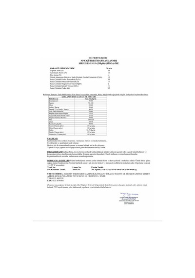 Agrosin Sirius 15.15.15+(2MgO)+(15SO3)+ME Granül NPK Taban Gübresi 50 kg