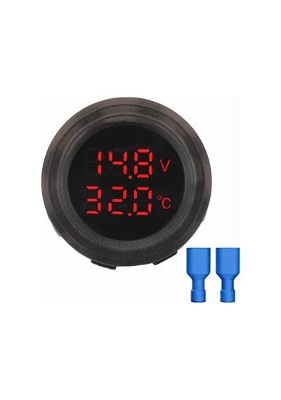 Devremarkt Yuvarlak Voltmetre Termometre 12v 24v Panel Tip Montaj Dijital Kırmızı Renk Led Sıcaklık Isı Voltaj