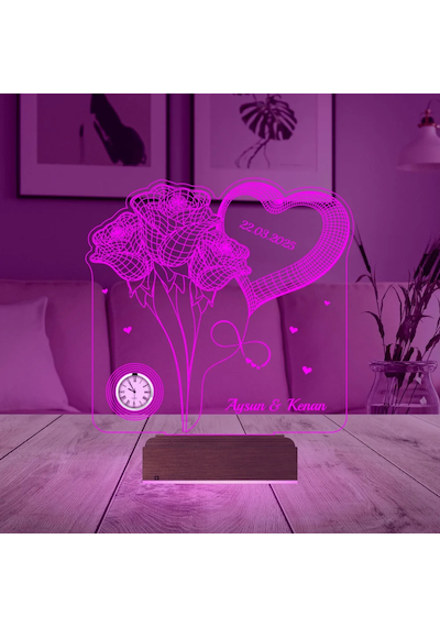 Luvivia Gül Kalp Sevgiliye Hediye Kişiye Özel Metal Saatli 3d Lamba - Masa Gece Lambası
