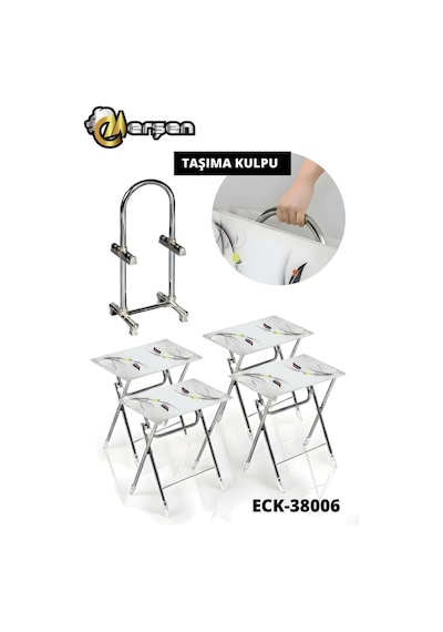 Eranş Serisi 4'lü Katlanır Cam Beyaz Yaprak Desen Çanta Zigon Sehpa Krom Ayak Beyaz Yaprak Desen