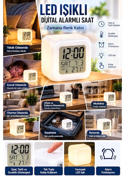 Modern Tasarımlı Küp Saat Led Aydınlatmalı Dijital Alarm Saati Çok Renkli