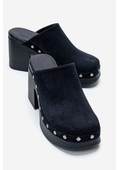 Luvishoes Bellune Lacivert Süet Hakiki Deri Perçin Detaylı Kadın Kalın Topuklu Terlik