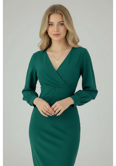 Defymoda Kadın Klasik Kesim Manşetli Elbise Yeşil