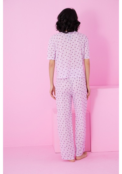 Siyah İnci Pointel Ajurlu/delikli Bisiklet Yaka Örme Pijama Takım Lila