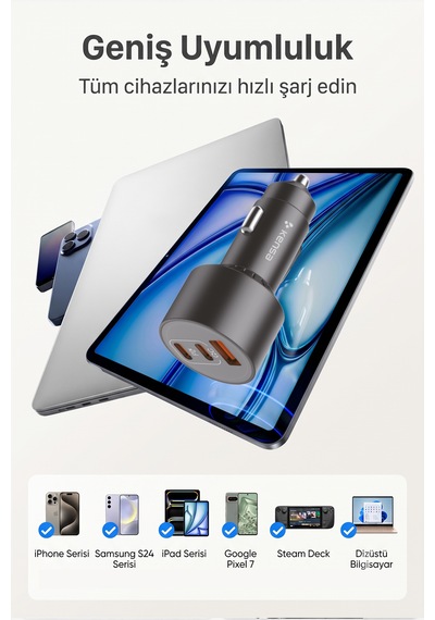100w Araç Hızlı Şarj Aleti 2 Usb-c + Qc Usb Girişi Tüm Araçlar Uyumlu Şarj 100w Silver