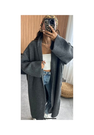 İkrafashion Maxi Boy Uzun Tesettür Triko Hırka Antrasit Antrasit