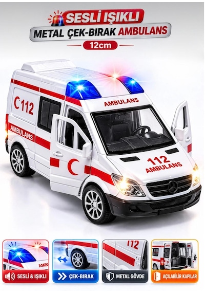 Oyuncak Metal Işıklı Sesli Çek Bırak Özellikli Ön Ve Arka Kapılar Açılır Ambulans-polis-itfaiye-askeri Jandarma Minibüsü 12 Cm Beyaz