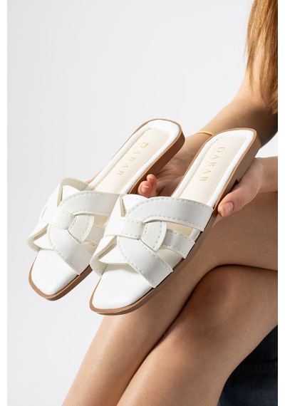 Dabab Shoes Lında Kadın Beyaz Kare Burun Örgü Bantlı Düz Taban Günlük Terlik