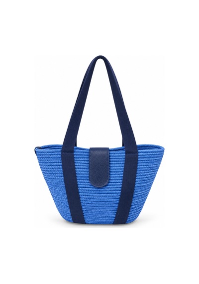 Levano Leather Kadın Hasır Tote Omuz Çantası Deri Detaylı Geniş İç Hacimli Günlük Yazlık Çanta 38x28 Cm Mavi