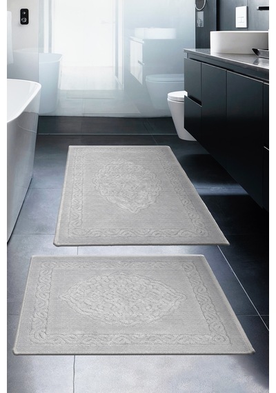 Lotus 2'li Pamuklu Klozet Takımı, Gri Banyo Paspas Seti 60 x 100 / 50 x 60 CM Gri