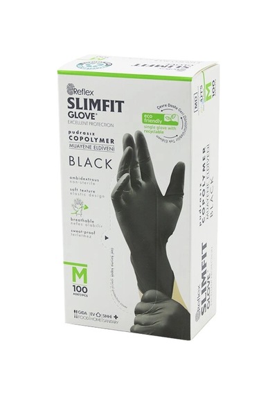 Reflex Slimfit Glove Kod-032 M Siyah Pudrasız Muayene Eldiven 100lü Bx40