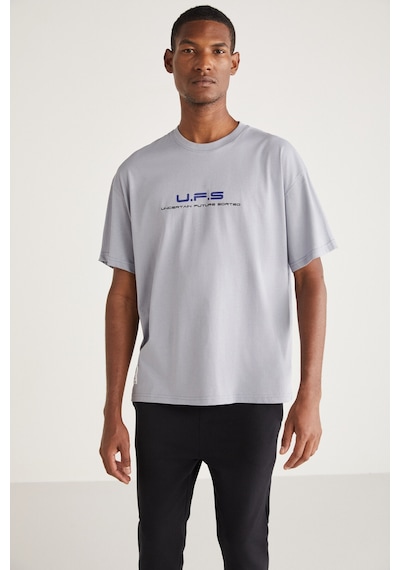 Grımelange Crıspın Erkek Bisiklet Yaka %100 Pamuk Baskı Detaylı Açık Gri T-shirt
