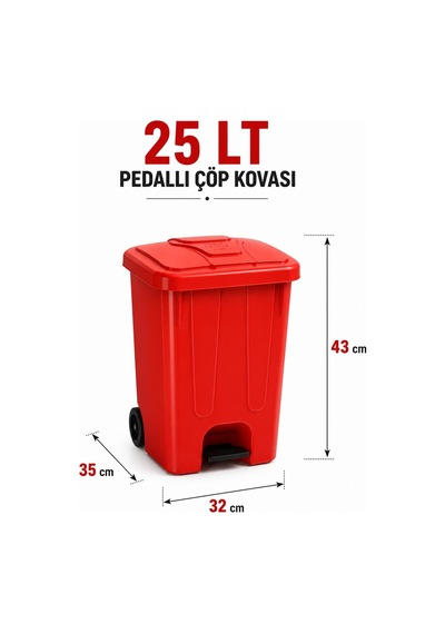 25 Lt Pedallı Çöp Kovası İç Kovasız Kırmızı Renk Çok Renkli