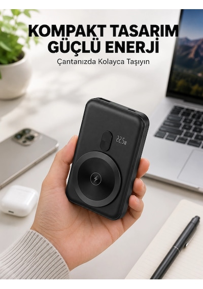 Manyetik Kablosuz Powerbank 22.5w Hızlı Şarj Lcd Göstergeli Yeni Nesil Siyah