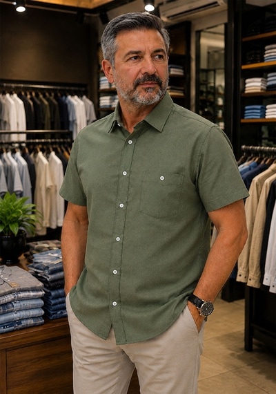 Beyome Erkek Keten Görünümlü Kısa Kollu Gömlek Rahat Kalıp Yazlık Nefes Alan Kumaş S-5xl Koyu Yeşil