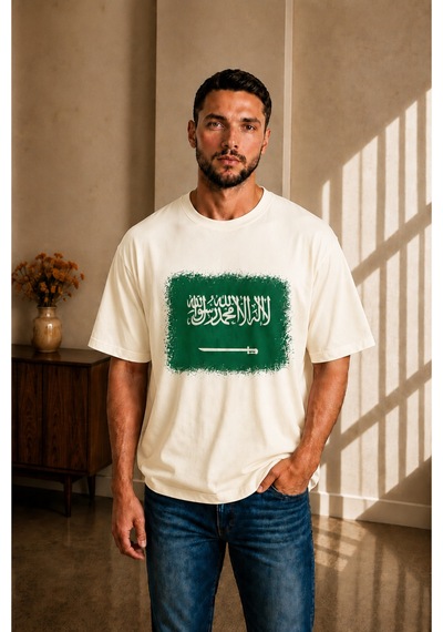 Sngl Tekstil Erkek Oversize Suudi Arabistan Bayrak Baskılı Kısa Kollu Tişört S M L Xl 2xl Ekru