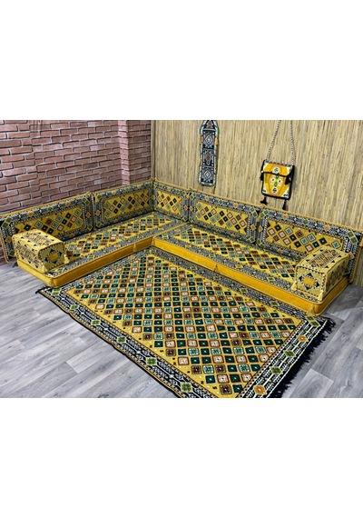 Coton Şark Köşesi Minder, Kilim Takımı Konsept Sarı 12 Parça