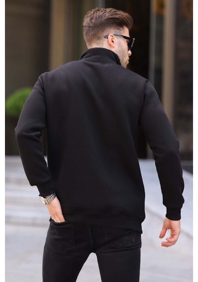 Madmext Siyah Baskılı Fermuar Detaylı Sweatshirt 6003 Siyah