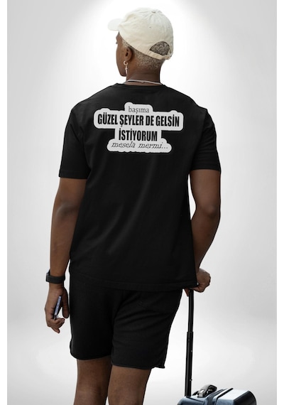 Başıma Güzel Şeylerde Gelsin İstiyorum Mesela Mermi Yazılı Pamuklu Unisex Oversize Sırt Dijital Baskılı Siyah T-shirt Siyah