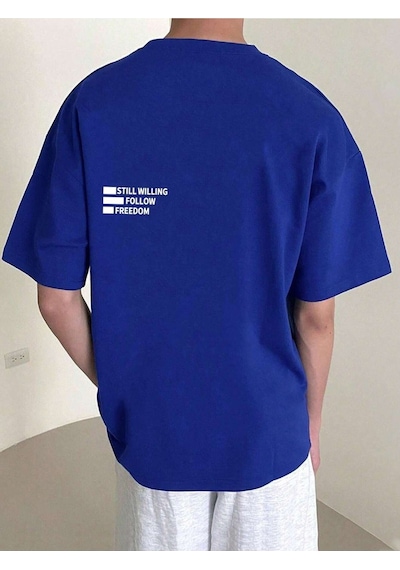 Unisex Sax Mavisi Oversiz Still Follow Freedom Baskılı Örme T-shirt Sax Mavi