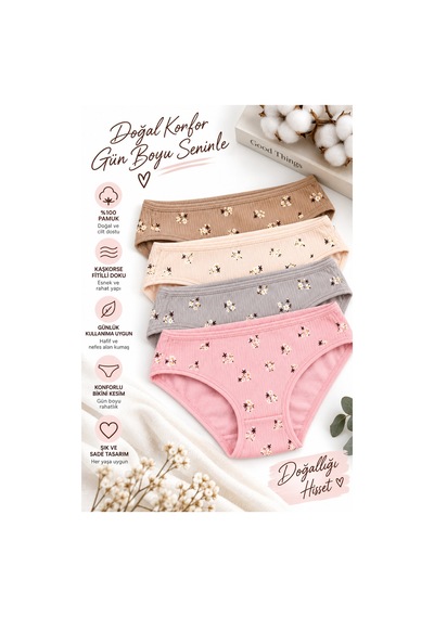 Westicgiyim Kadın Kaşkorse Fitilli Bikini Külot 4 Lü Paket %100 Pamuk Desenli Asorti Renk M-l-xl çok Renkli