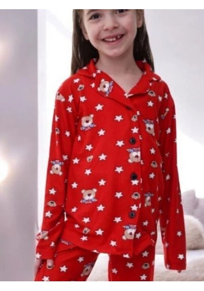 Çocuk Ayıcık Dessenli Pijama-14920 Kırmızı