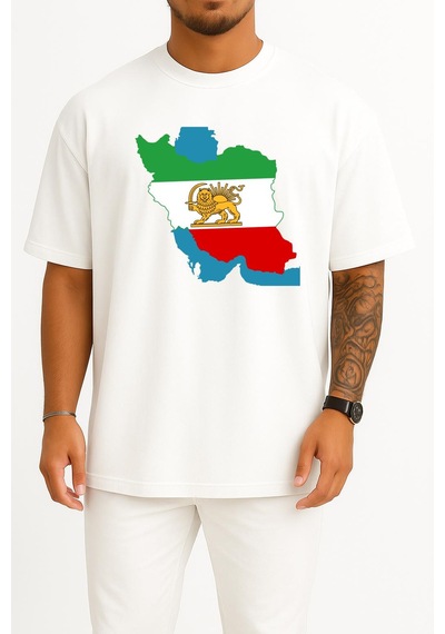 Bahriyeli Collection Oversize İran Bayraklı Harita Göğüs Baskılı Unisex T-shirt Beyaz