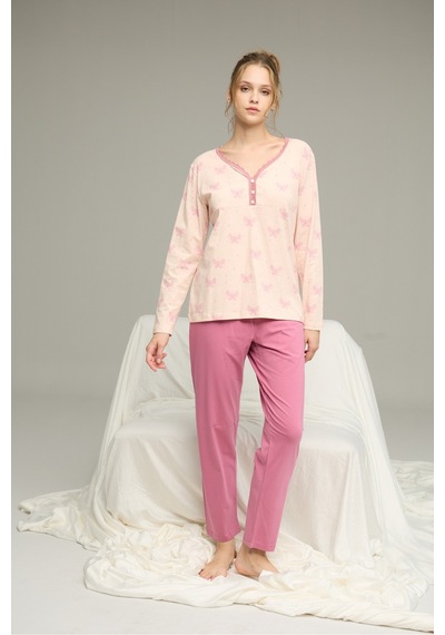 Siyah İnci Örme Pamuklu Pijama Takım25240261 Somon