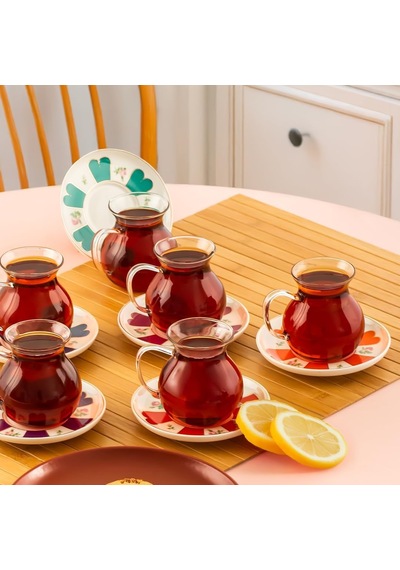 17901 Beyoğlu 12 Parça 6 Kişilik Çay Seti 210 Ml Borosilikat Cam Kulplu Tombik Bardak Ve Porselen Çay Tabağı Diğer
