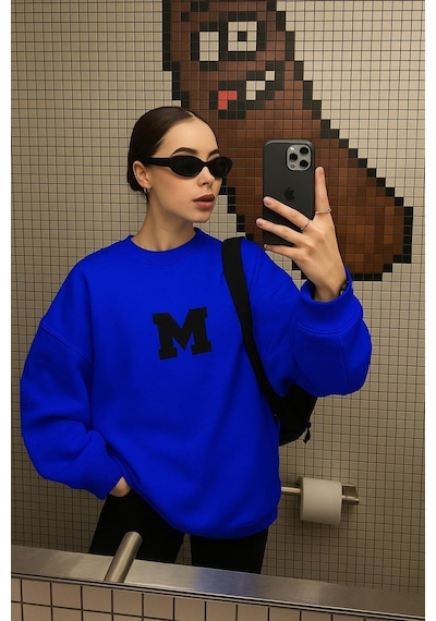 Benroma 3 İplik Penye M Baskılı Unisex Sweatshırt Saks Mavisi