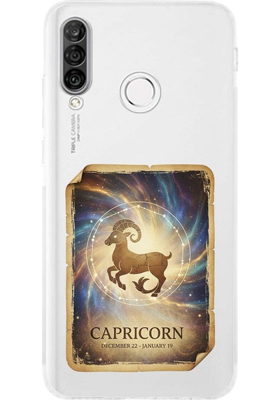 Huawei P30 Lite İle Uyumlu Burç Kartları Oğlak Tasarımlı Şeffaf Silikon Kılıf Şeffaf