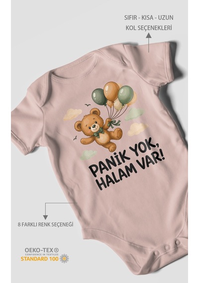 Morivokids Panik Yok, Halam Var Kısa Kollu Bebek Body %100 Pamuk Pastel Pembe