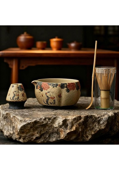 Valkyrie Kedili 6 Parça Matcha Seti Chasen Çırpıcı Chawan Kase Chashaku Kaşık Stand Ve Süzgeç Krem