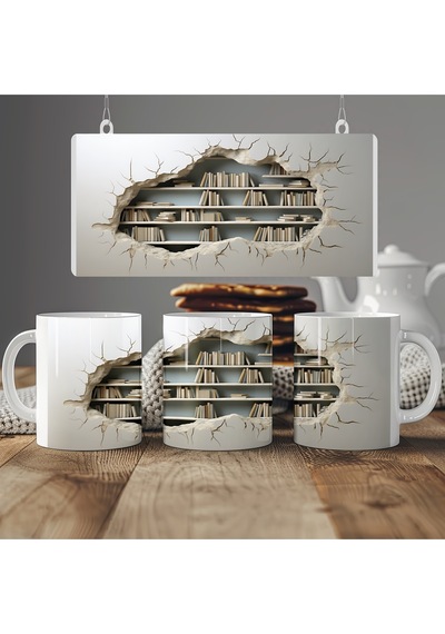 3d Efektli Antik Kitaplık Kupa Bardak - Gerçekçi Kütüphane Görünümü - Kabartmasız Beyaz
