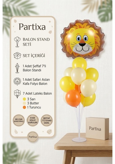 Safari Aslan Kafa Balon Stand Seti Şeffaf 7 Li Stand + Safari Aslan Folyo Balon + 7 Lateks Balon