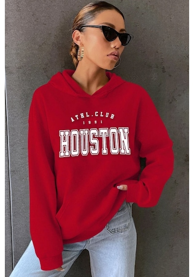 Uyguntarz Unisex Houston Baskılı Sweatshirt Kırmızı