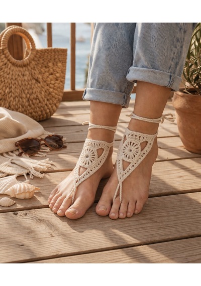 Boho Stil Barefoot Sandal El Yapımı Ekru Ayak Aksesuarı Çift