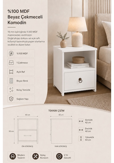 Renazzo %100 Mdf Komodin - Çekmeceli Beyaz