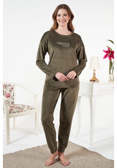 Remsa Kadın Kadife Baskılı Pijama Takımı 25382 Haki Haki