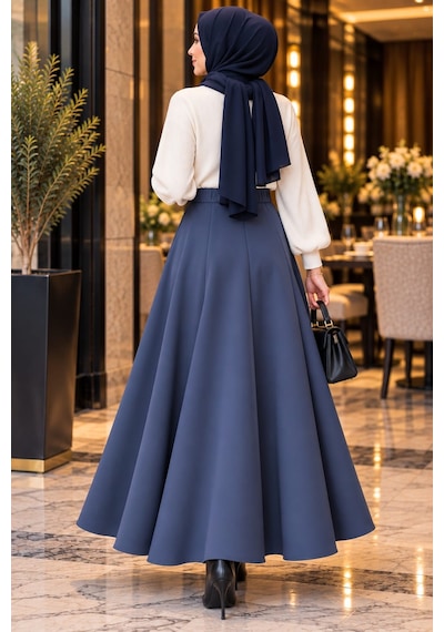 Esra Butik78 Scuba Kumaş Uzun Kloş Etek Siyah&lacivert-100 Cm