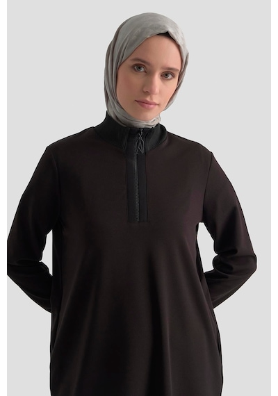 Armine Trend Kolları Ve Yakası Ribanalı Yarım Fermuarlı Crep Tunik Siyah 25kt456 Siyah