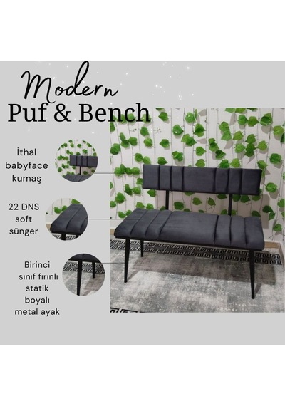 Özcan Metal Siyah Metal Ayaklı Metal Kasalı Sırtlı Mutfak Salon Antre Yatak Odası Balkon Puf Bank Bench Oturak Antrasit