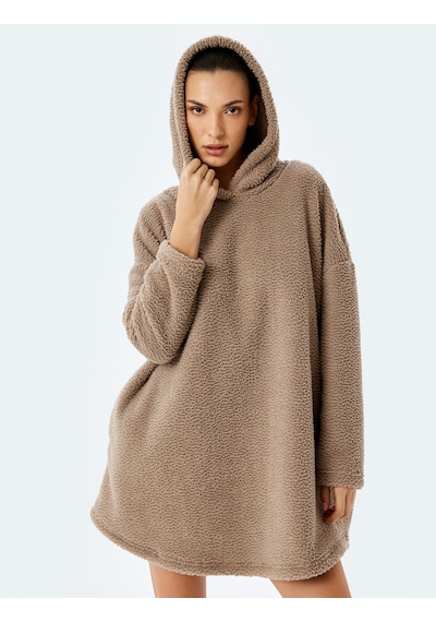 Koton Uzun Kollu Oversize Kapüşonlu Peluş Sabahlık Vizon 5wlk70020mk Vizon