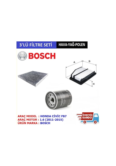 Honda Civic 1.6 Fb7 Bosch  Filtre Bakım Seti (2013-2016) (447805100)